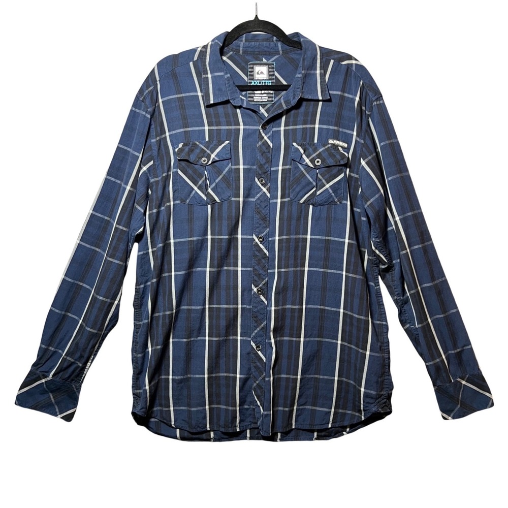 Y2K Quiksilver Mens XXL Blue Plaid Long Sleeve Button Down Shirt Pockets